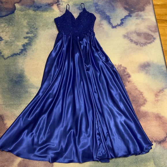 Royal Blue 00 Satin Prom Dress with Corset Tie - Picture 8 of 9